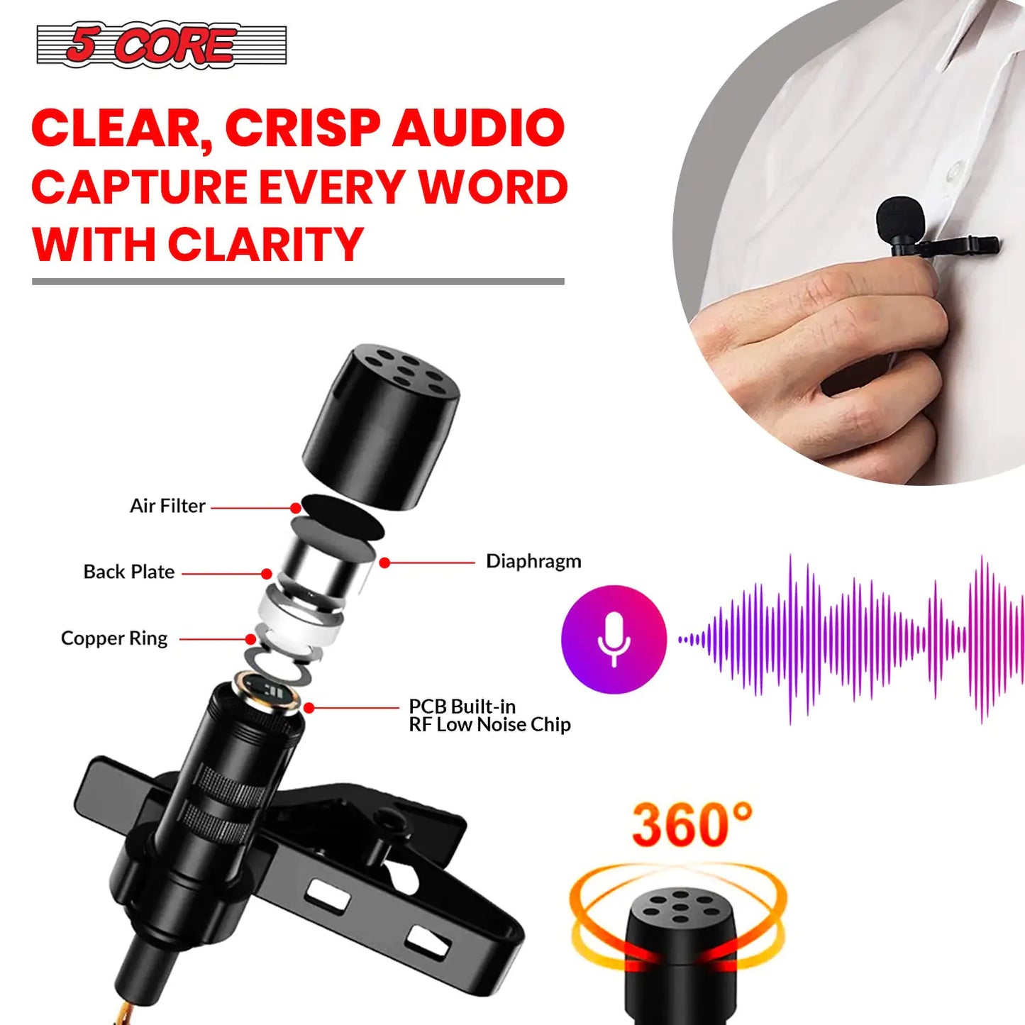 5Core Lavalier Microphone Professional Clip On Lapel